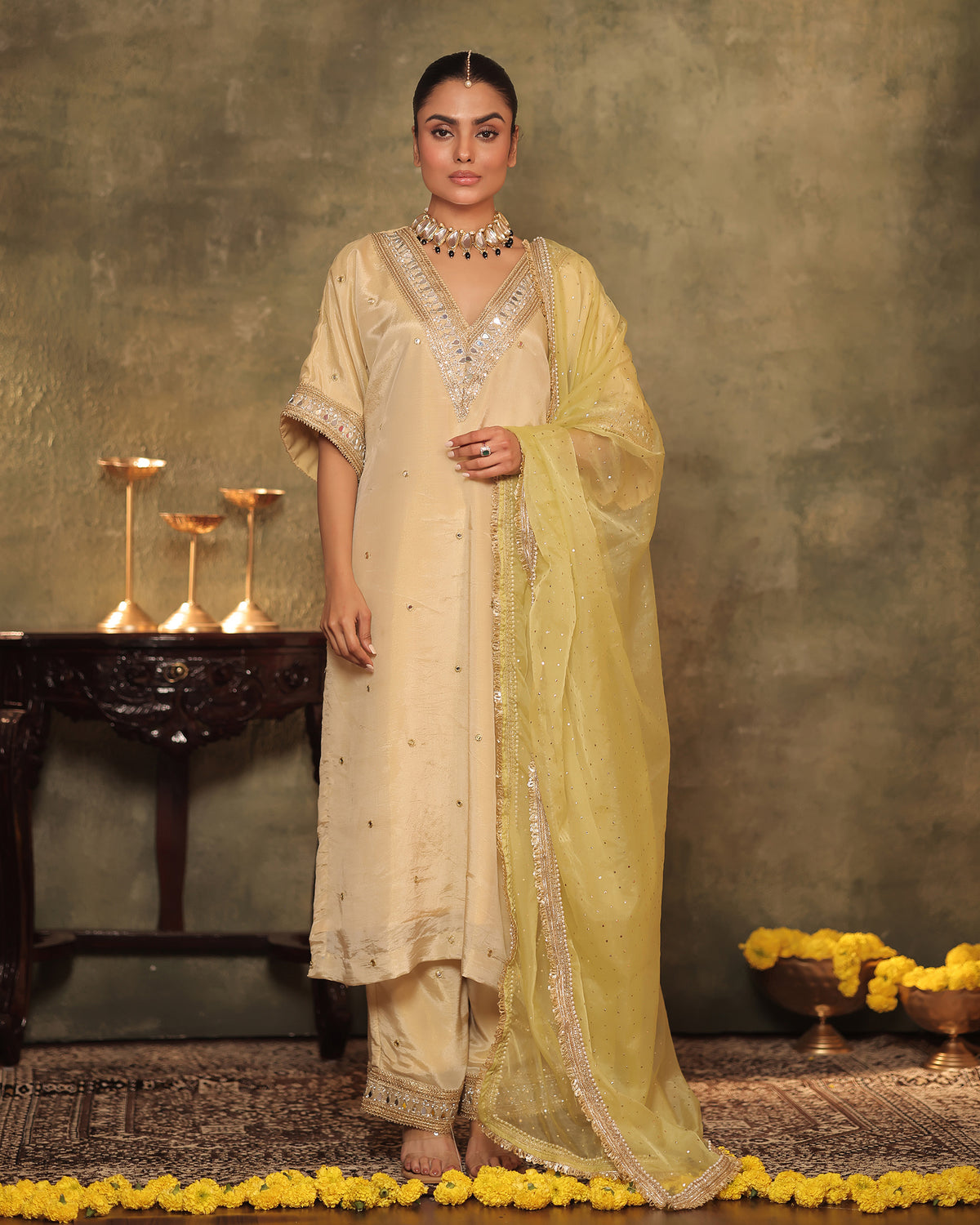 Ivory Silk Tissue Kaftan Palazzo Set