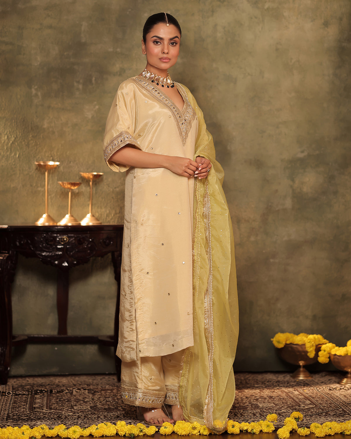 Ivory Silk Tissue Kaftan Palazzo Set