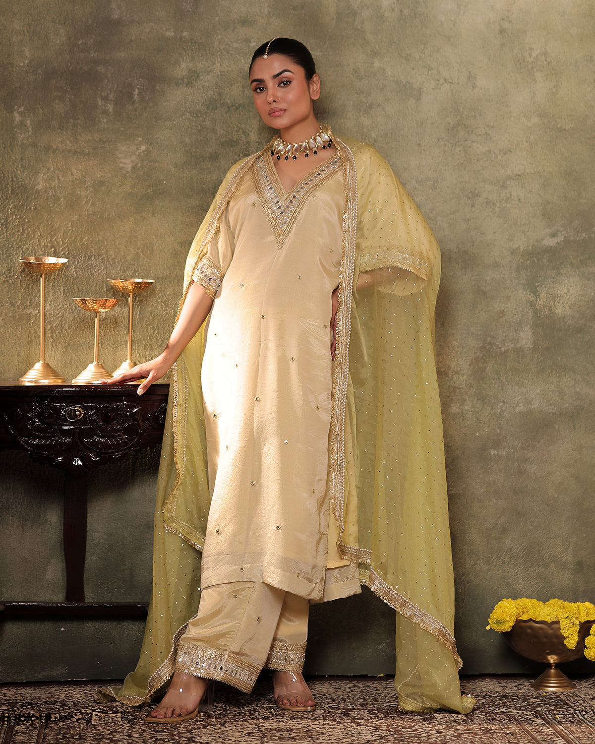 Ivory Silk Tissue Kaftan Palazzo Set