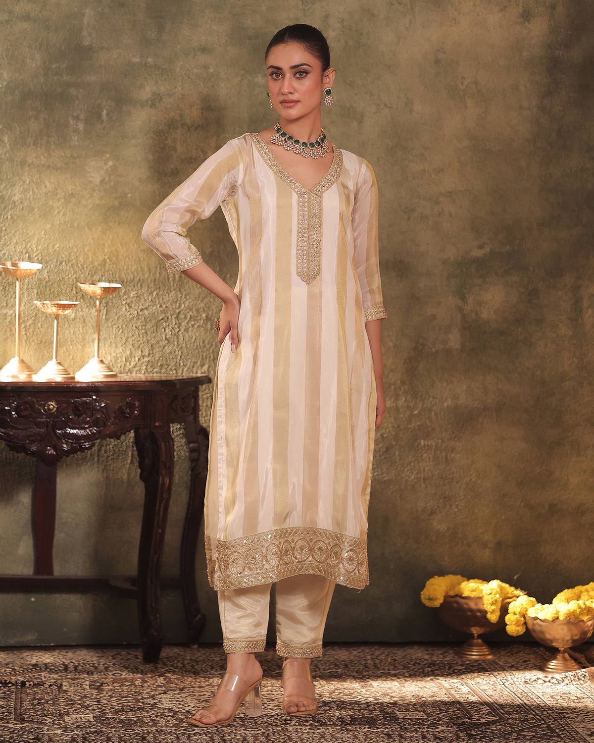 Ivory-Gold Silk Tissue Kurta Pant Set