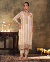 Ivory-Gold Silk Tissue Kurta Pant Set