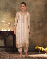 Ivory-Gold Silk Tissue Kurta Pant Set
