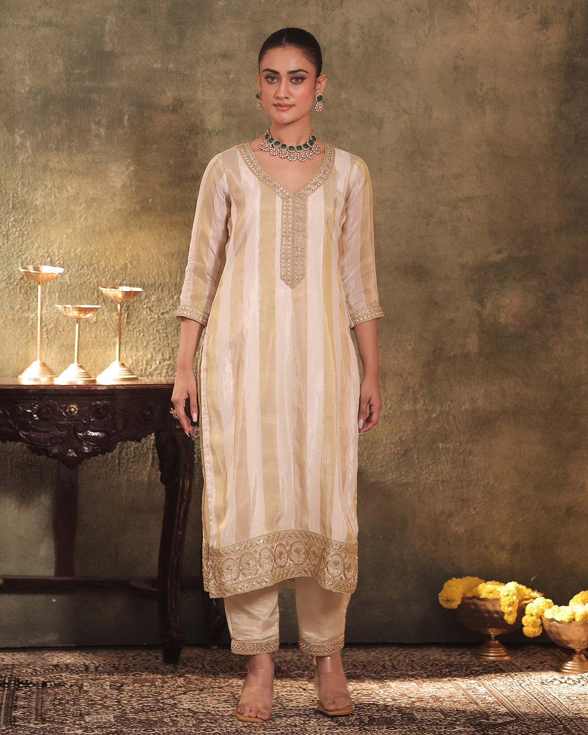 Ivory-Gold Silk Tissue Kurta Pant Set