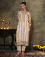 Ivory-Gold Silk Tissue Kurta Pant Set