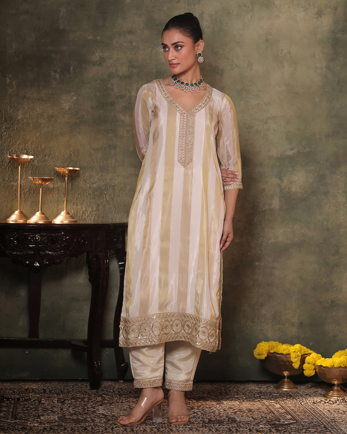Ivory-Gold Silk Tissue Kurta Pant Set