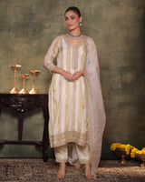 Ivory-Gold Silk Tissue Kurta Pant Set