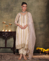 Ivory-Gold Silk Tissue Kurta Pant Set