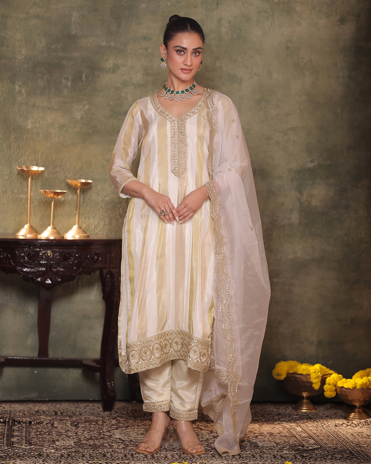 Ivory-Gold Silk Tissue Kurta Pant Set
