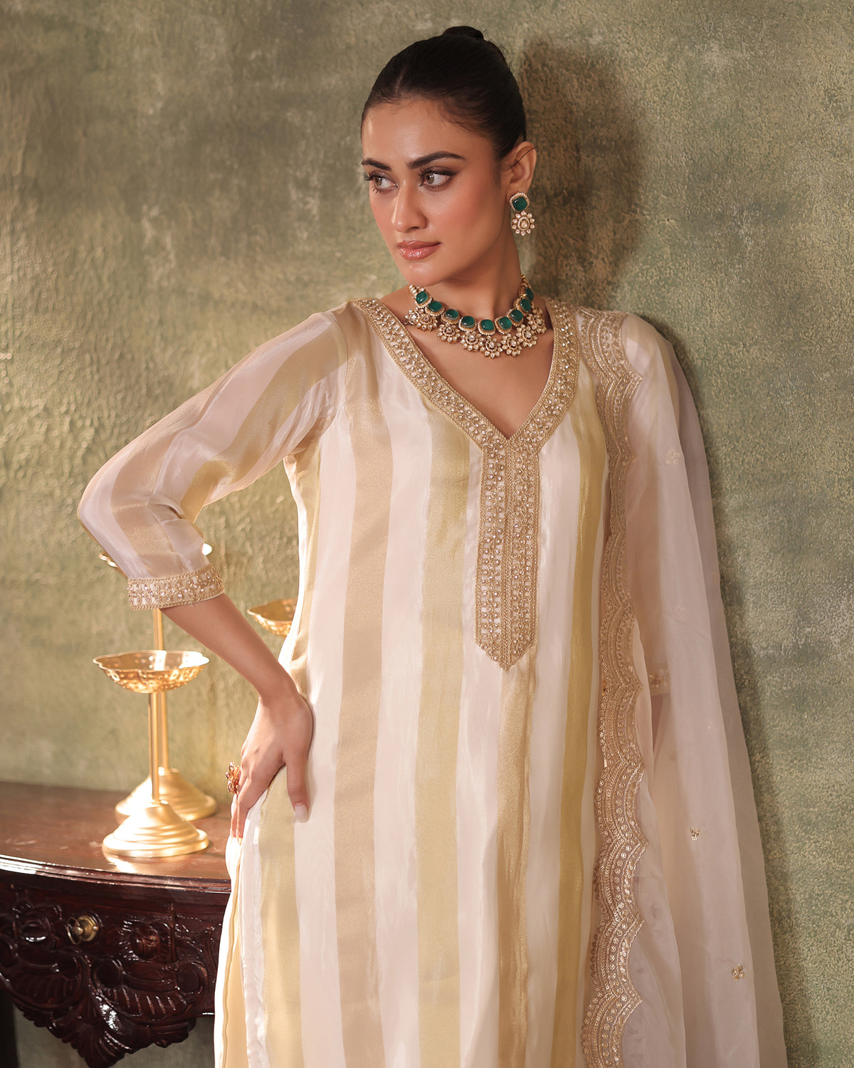 Ivory-Gold Silk Tissue Kurta Pant Set
