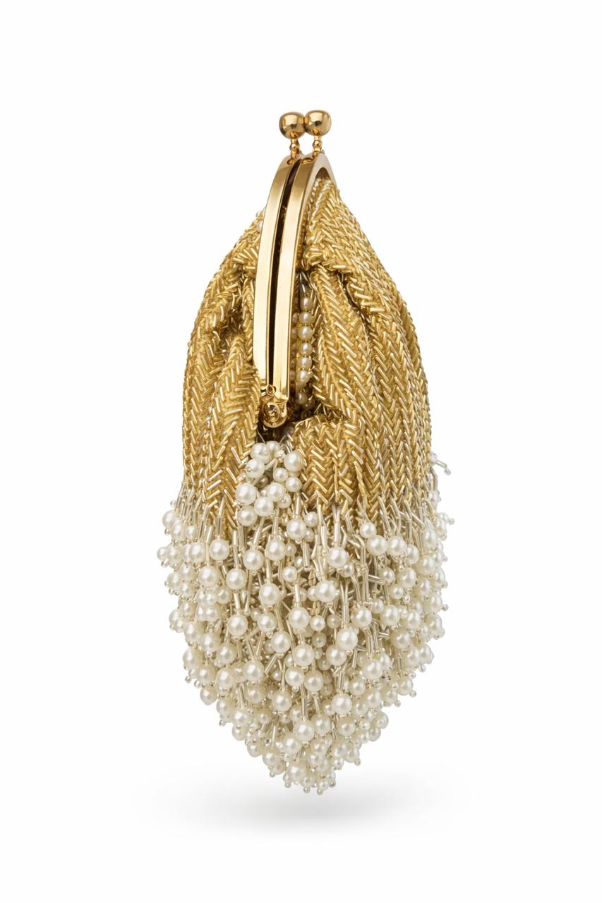 Golden Pearl Fringe Clutch Handbag