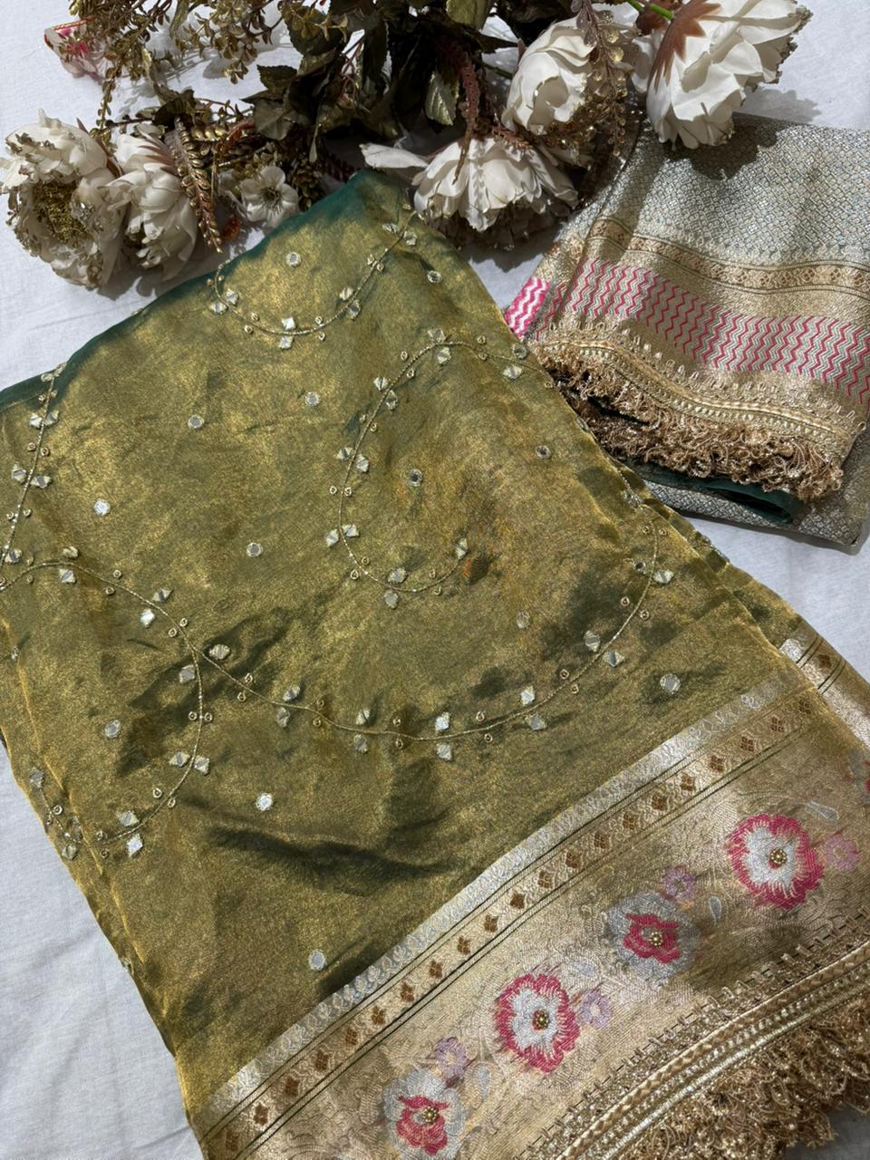 Mirror Jaal Pure Tissue Silk Saree WIth Meenakari Border
