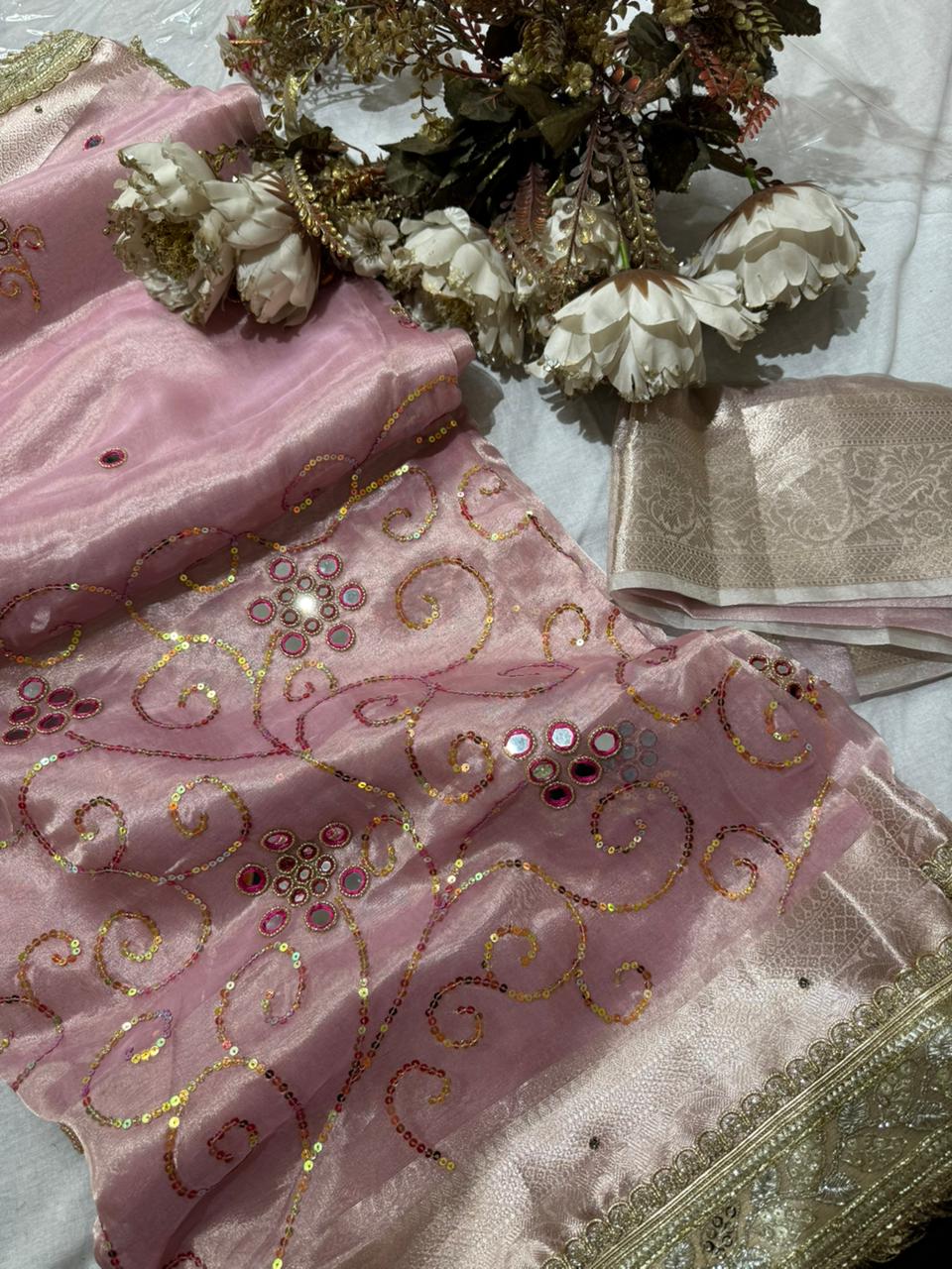 Pure Tissue Silk Saree With Detailed Embroidery Work