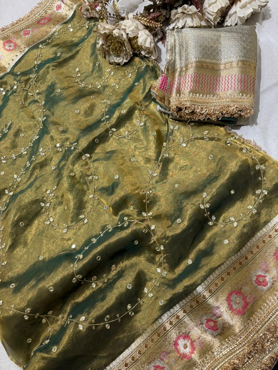 Mirror Jaal Pure Tissue Silk Saree WIth Meenakari Border