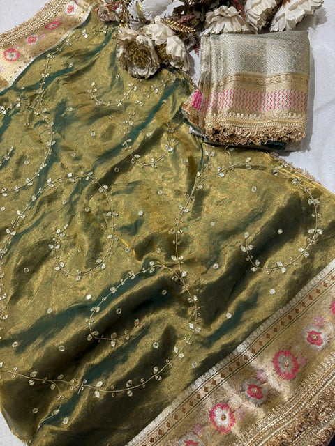 Mirror Jaal Pure Tissue Silk Saree WIth Meenakari Border