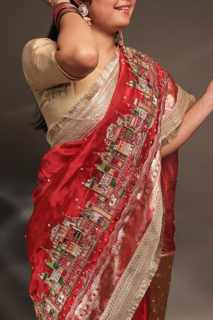 Ghat Pure Tissue Silk Saree With Heavy Embroidery