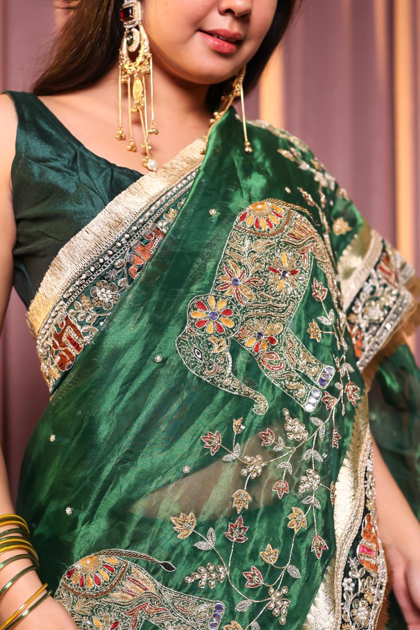 Pure Tissue Silk Saree With Detailed Heavy Embroidery