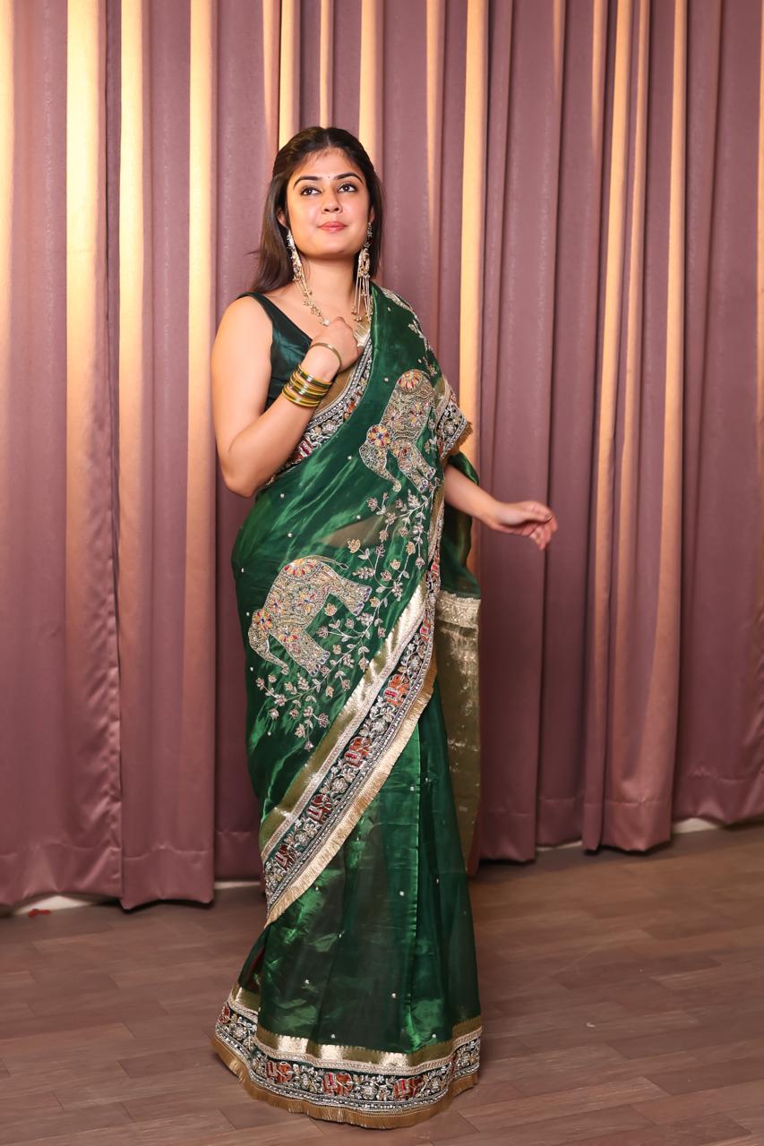 Pure Tissue Silk Saree With Detailed Heavy Embroidery