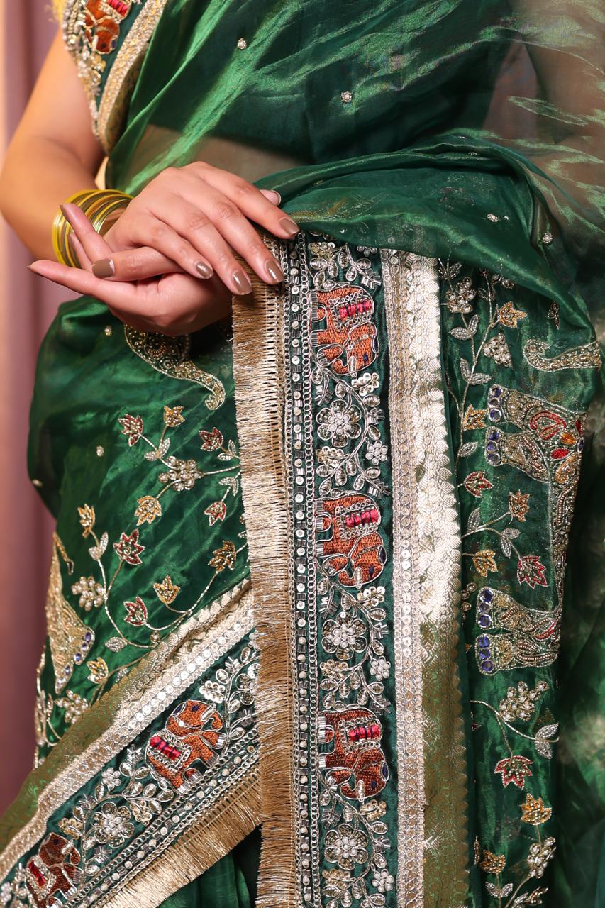 Pure Tissue Silk Saree With Detailed Heavy Embroidery