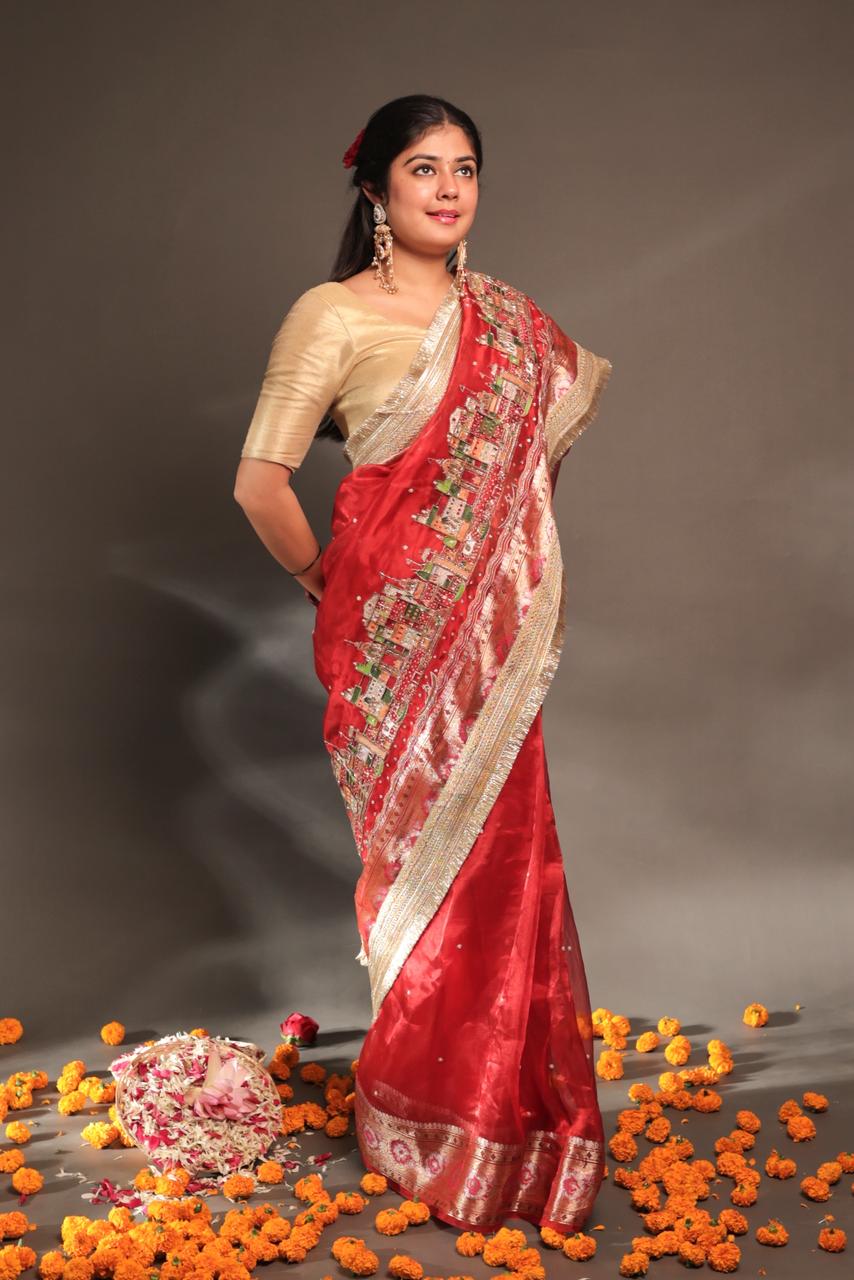 Ghat Pure Tissue Silk Saree With Heavy Embroidery
