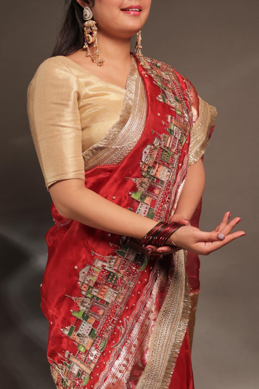 Ghat Pure Tissue Silk Saree With Heavy Embroidery