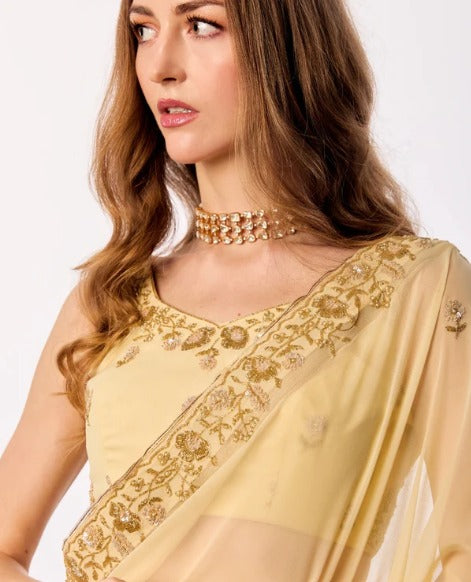 Yellow Hand Embroidered Georgette Saree