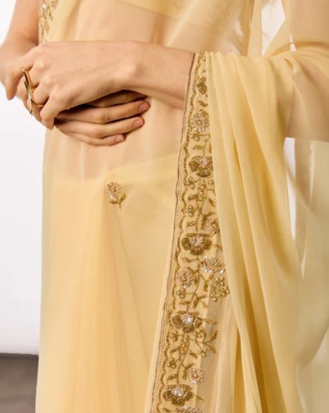 Yellow Hand Embroidered Georgette Saree
