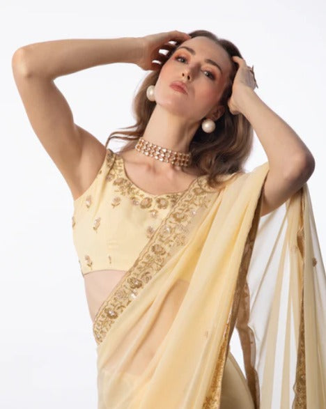 Yellow Hand Embroidered Georgette Saree