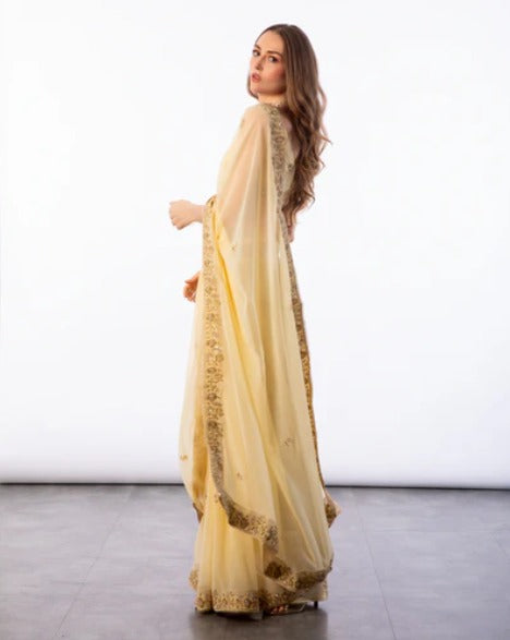 Yellow Hand Embroidered Georgette Saree