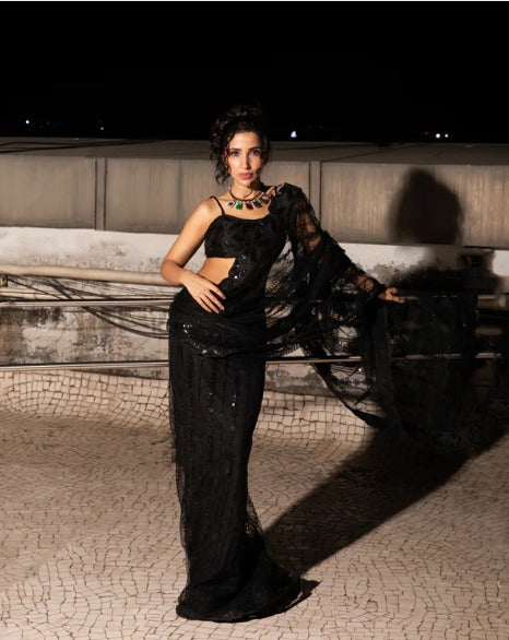 Black Net Sequin with Embroidery Work Saree