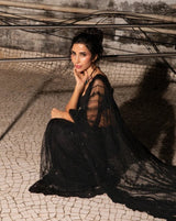 Black Net Sequin with Embroidery Work Saree