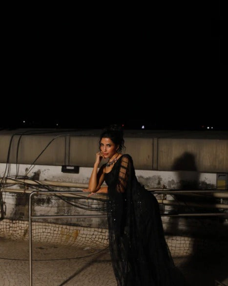 Black Net Sequin with Embroidery Work Saree