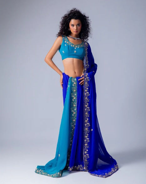 Dark Blue and Bule Dual Tone Hand Embroidered Georgette Saree