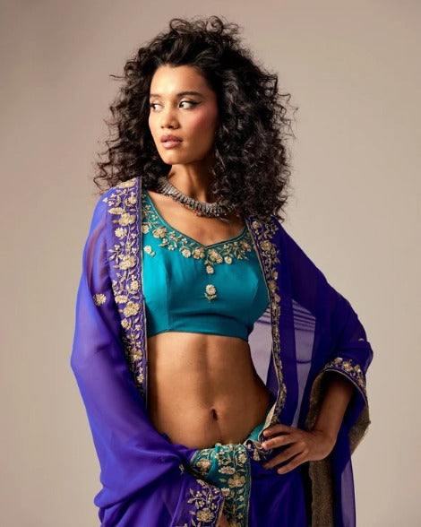 Dark Blue and Bule Dual Tone Hand Embroidered Georgette Saree