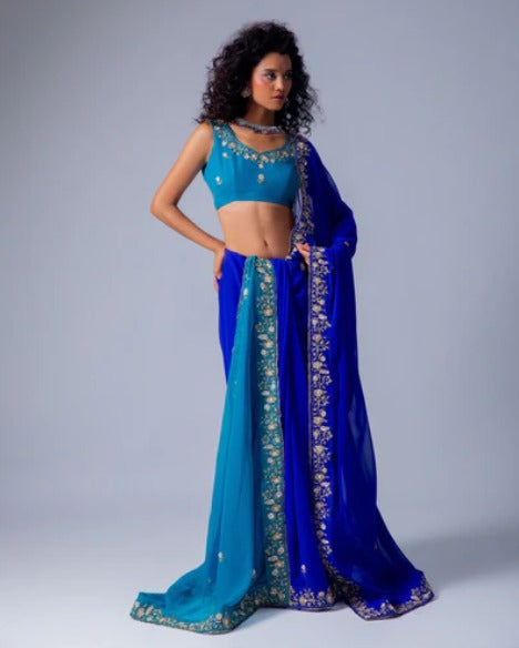 Dark Blue and Bule Dual Tone Hand Embroidered Georgette Saree