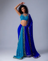 Dark Blue and Bule Dual Tone Hand Embroidered Georgette Saree