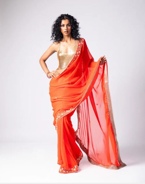 Orange Hand Embroidered Georgette Saree