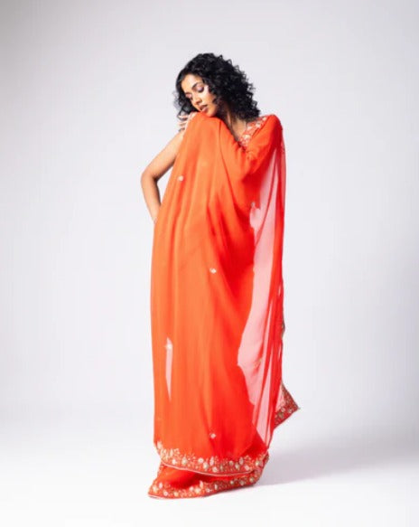 Orange Hand Embroidered Georgette Saree