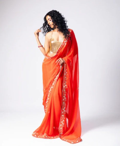 Orange Hand Embroidered Georgette Saree