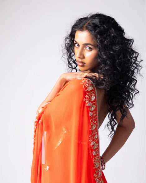 Orange Hand Embroidered Georgette Saree