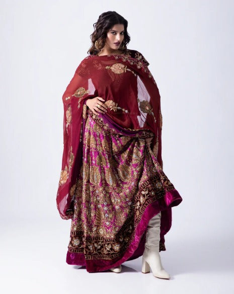 Maroon Georgette Heirloom Lehenga