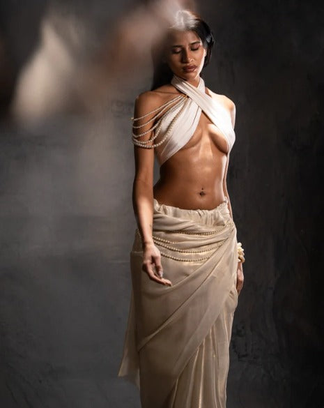 White Silk Diamond-Embellished Draped Halter Top with Fluid Ivory Skirt