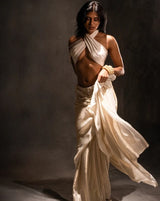 White Silk Diamond-Embellished Draped Halter Top with Fluid Ivory Skirt