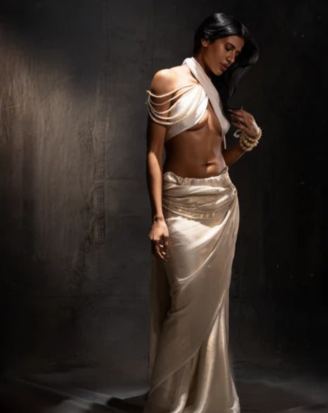 White Silk Diamond-Embellished Draped Halter Top with Fluid Ivory Skirt