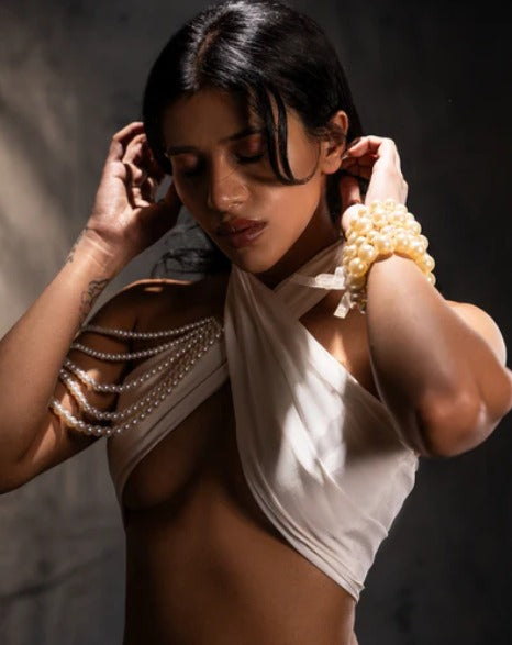 White Silk Diamond-Embellished Draped Halter Top with Fluid Ivory Skirt