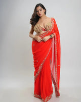 Orange Hand Embroidered Georgette Saree