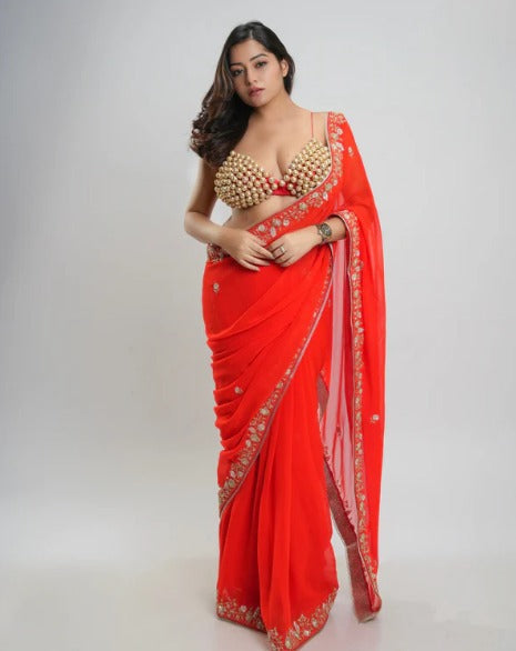 Orange Hand Embroidered Georgette Saree