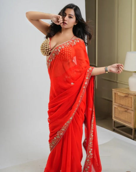 Orange Hand Embroidered Georgette Saree