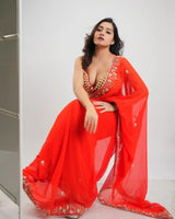 Orange Hand Embroidered Georgette Saree