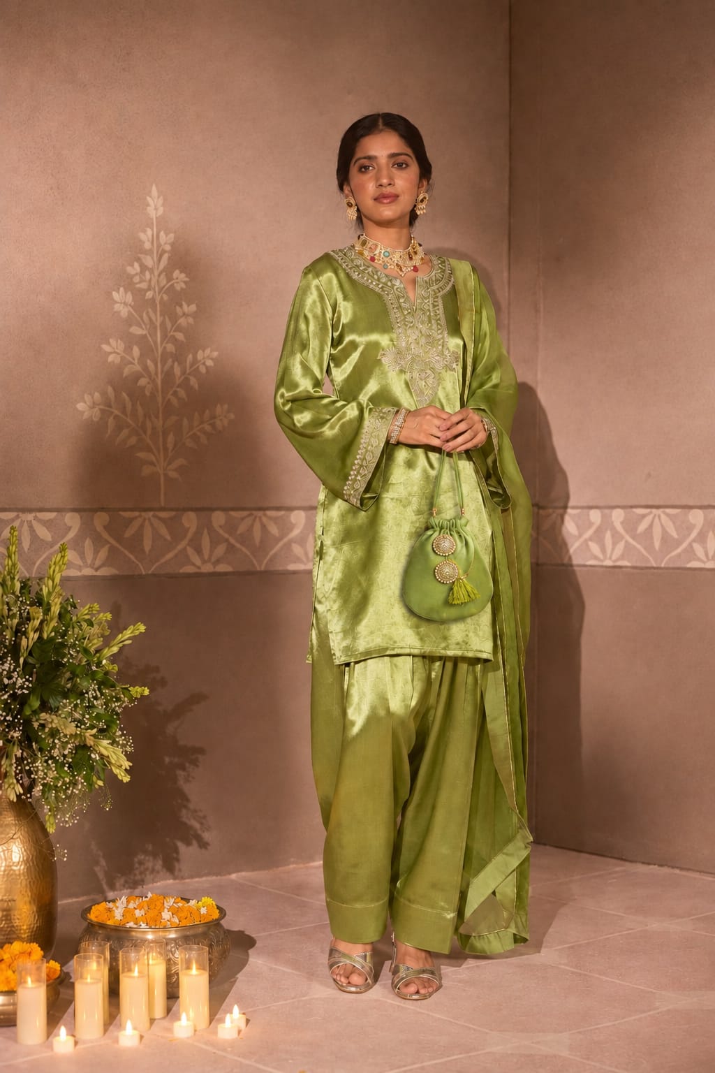 Pastel Green Gajji Silk Farsi Salwar 3-Piece Set