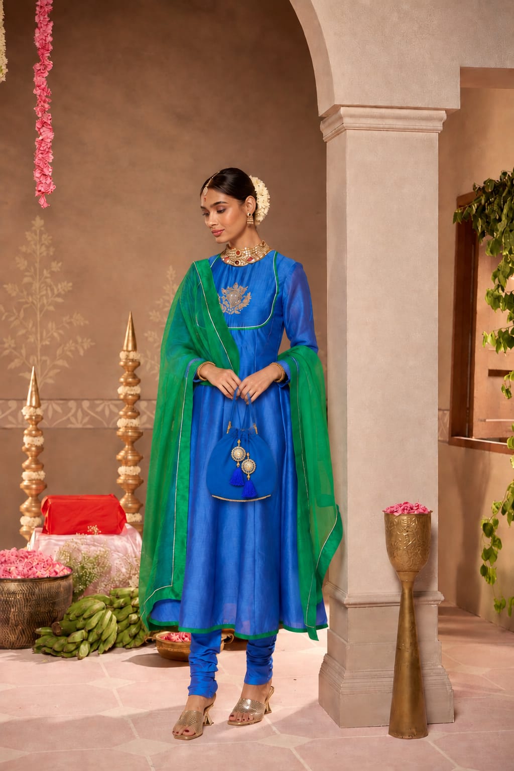 Blue Chanderi Anarkali 3-Piece Set